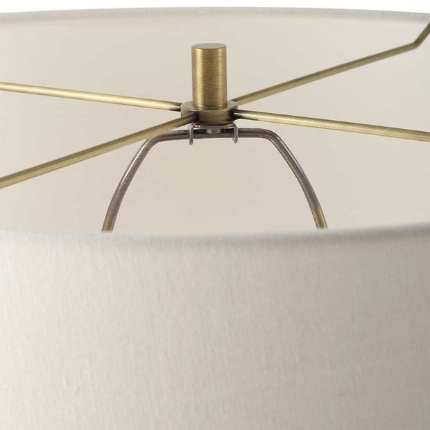 Uttermost Shino Antique Brass Iron Floor Lamp With White Linen Shade