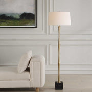 Uttermost Shino Antique Brass Iron Floor Lamp With White Linen Shade