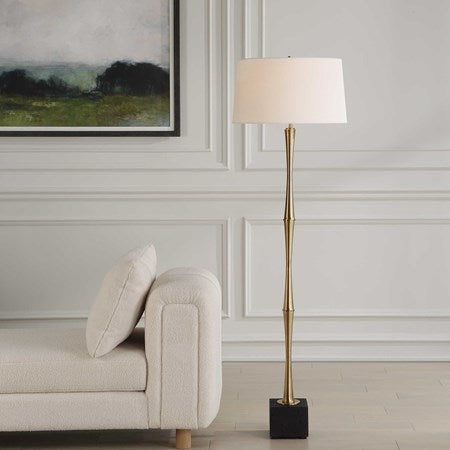 Uttermost Shino Antique Brass Iron Floor Lamp With White Linen Shade