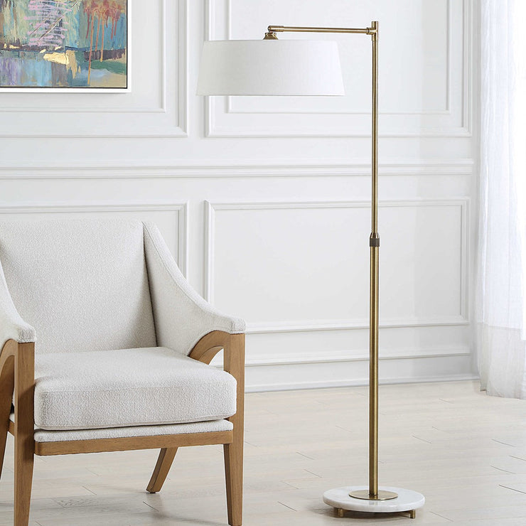 Uttermost Branch Out Antiqued Brush Brass and Marble Floor Lamp With White Linen Shade