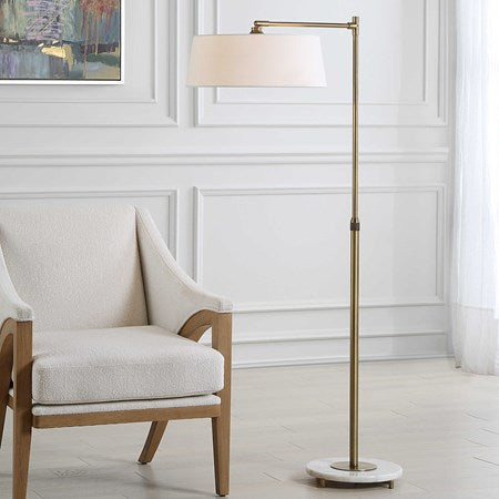 Uttermost Branch Out Antiqued Brush Brass and Marble Floor Lamp With White Linen Shade