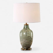 Uttermost Chianti Olive Green and Ivory Glass Table Lamp With White Linen Shade