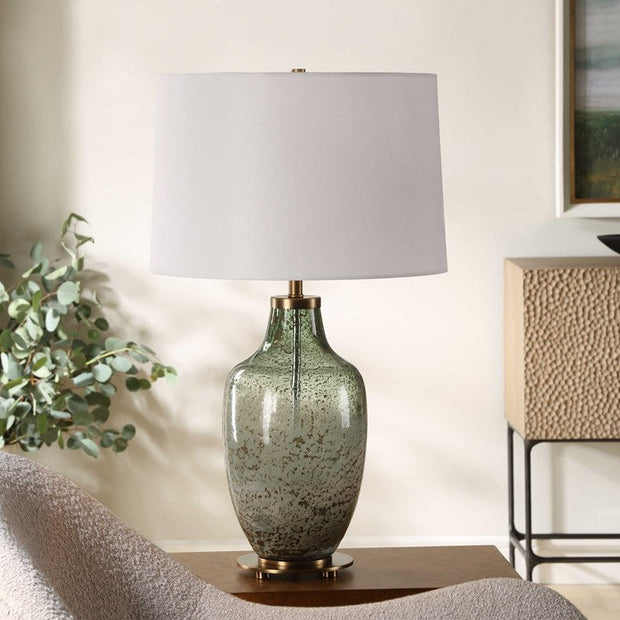 Uttermost Chianti Olive Green and Ivory Glass Table Lamp With White Linen Shade