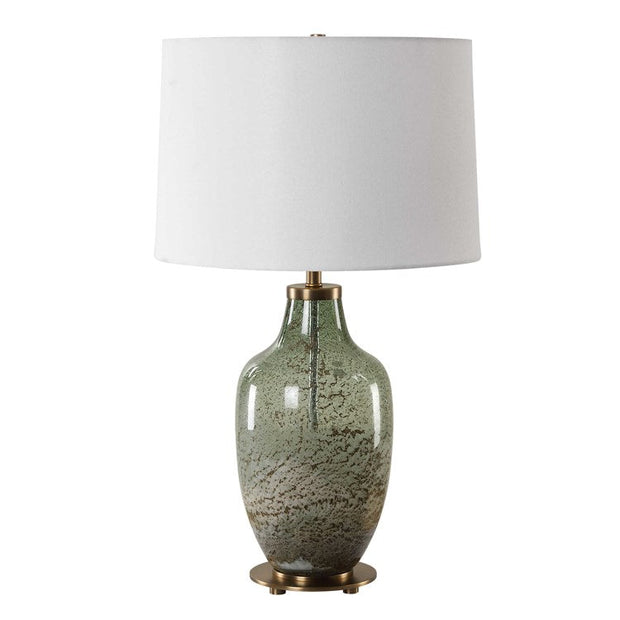 Uttermost Chianti Olive Green and Ivory Glass Table Lamp With White Linen Shade