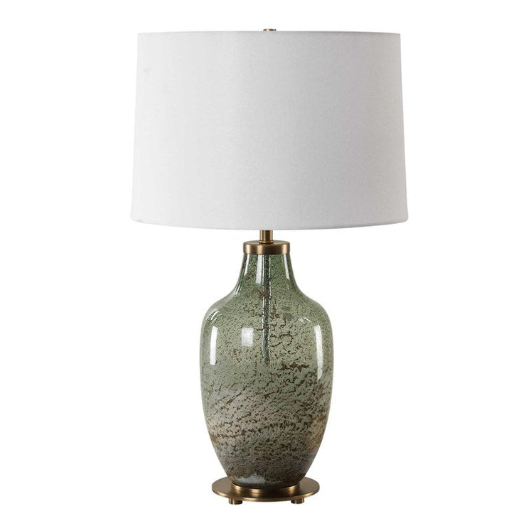 Uttermost Chianti Olive Green and Ivory Glass Table Lamp With White Linen Shade