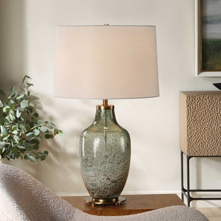 Uttermost Chianti Olive Green and Ivory Glass Table Lamp With White Linen Shade