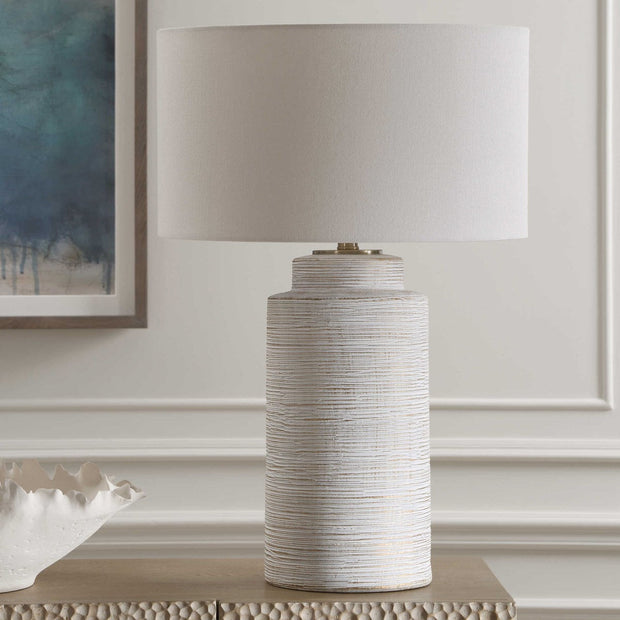 Uttermost Crimp Distressed Ivory Textured Ceramic Table Lamp With White Linen Shade