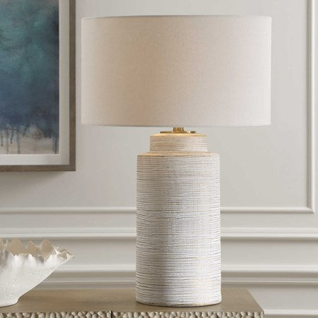 Uttermost Crimp Distressed Ivory Textured Ceramic Table Lamp With White Linen Shade