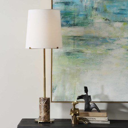 Uttermost Sepia Antiqued Brass and Brown Marble Buffet Lamp With White Linen Shade