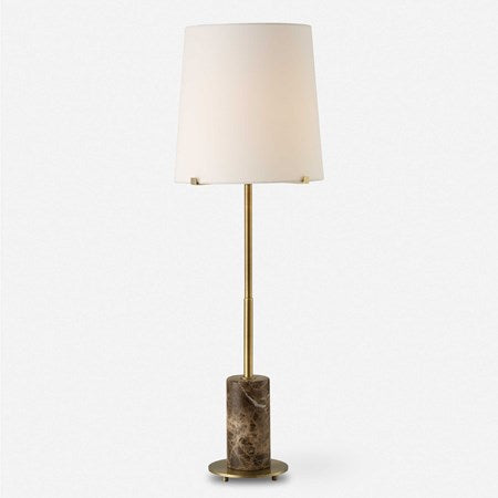 Uttermost Sepia Antiqued Brass and Brown Marble Buffet Lamp With White Linen Shade