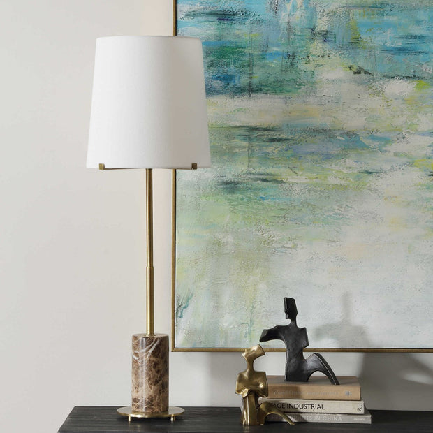 Uttermost Sepia Antiqued Brass and Brown Marble Buffet Lamp With White Linen Shade