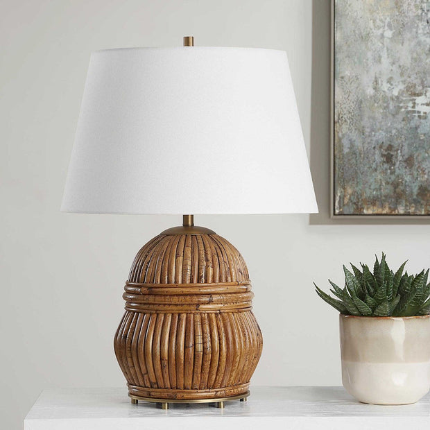 Uttermost Reed Honey Rattan Table Lamp With White Linen Shade