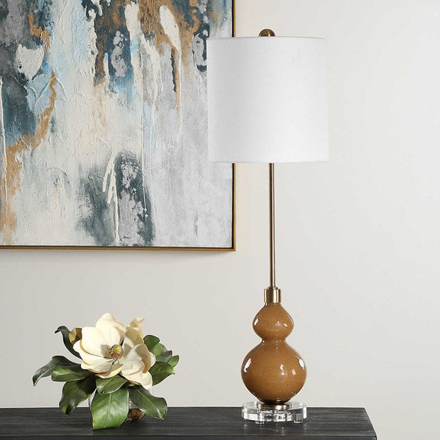 Uttermost Sienna Brown Seeded Glass Buffet Lamp With White Linen Shade