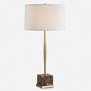 Uttermost Booker Antiqued Brass and Brown Marble Table Lamp With White Linen Shade