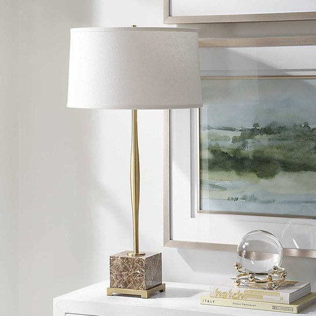 Uttermost Booker Antiqued Brass and Brown Marble Table Lamp With White Linen Shade
