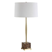 Uttermost Booker Antiqued Brass and Brown Marble Table Lamp With White Linen Shade