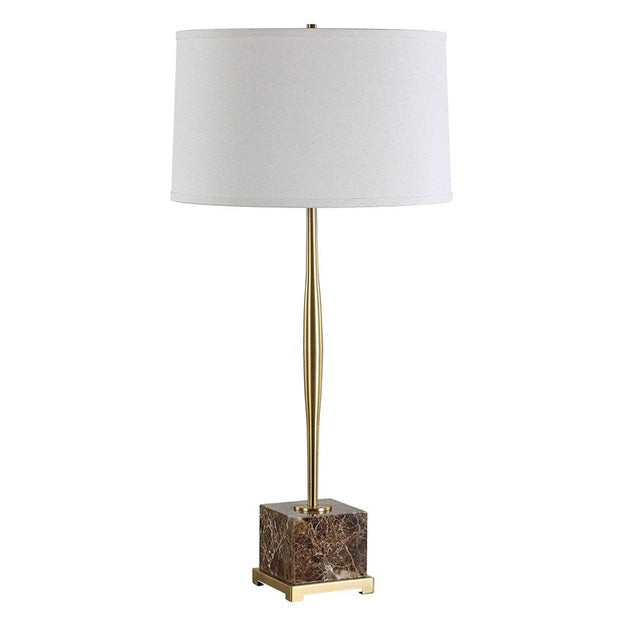 Uttermost Booker Antiqued Brass and Brown Marble Table Lamp With White Linen Shade