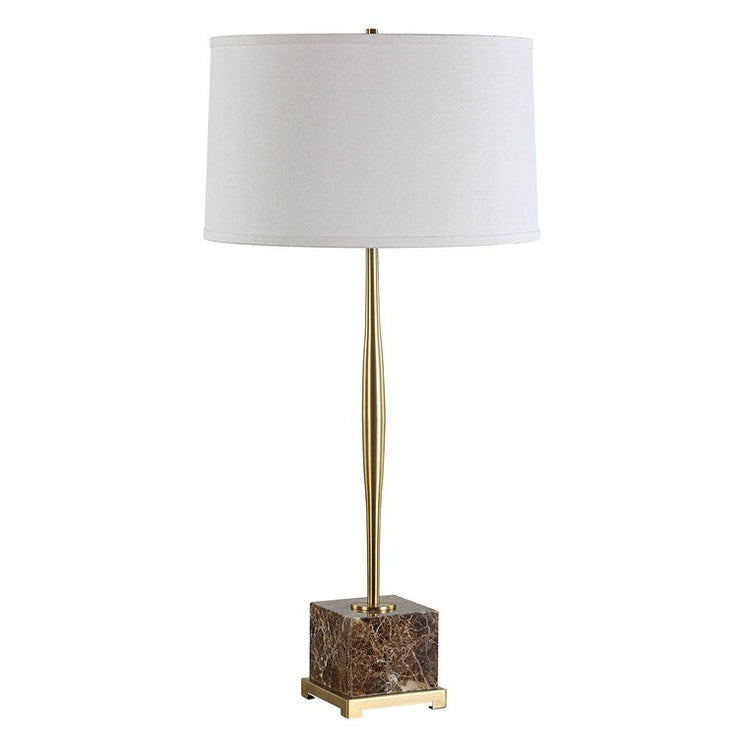 Uttermost Booker Antiqued Brass and Brown Marble Table Lamp With White Linen Shade