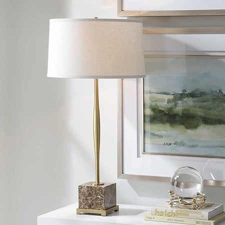 Uttermost Booker Antiqued Brass and Brown Marble Table Lamp With White Linen Shade