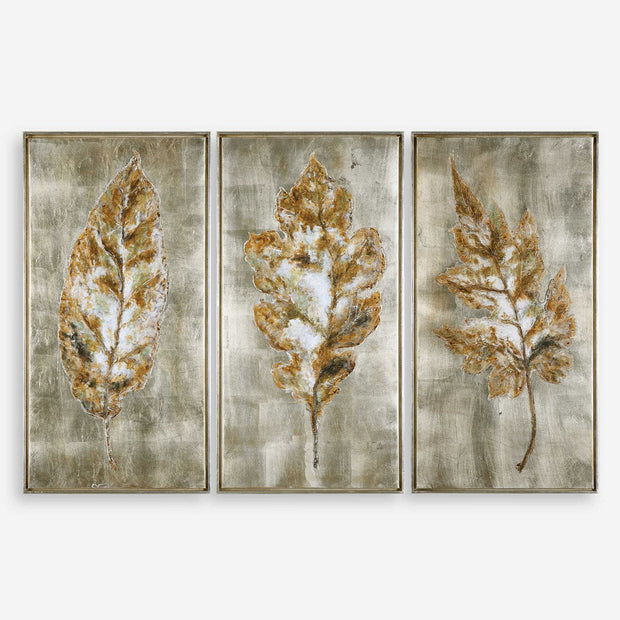 Uttermost Champagne Leaves Metallic Hues Set of 3 Hand Painted Canvases