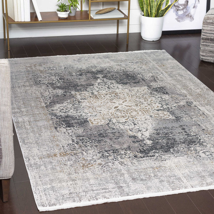 Uttermost Poneto White, Gray, Charcoal and Saffron Rug ~ 9'6" x 13'