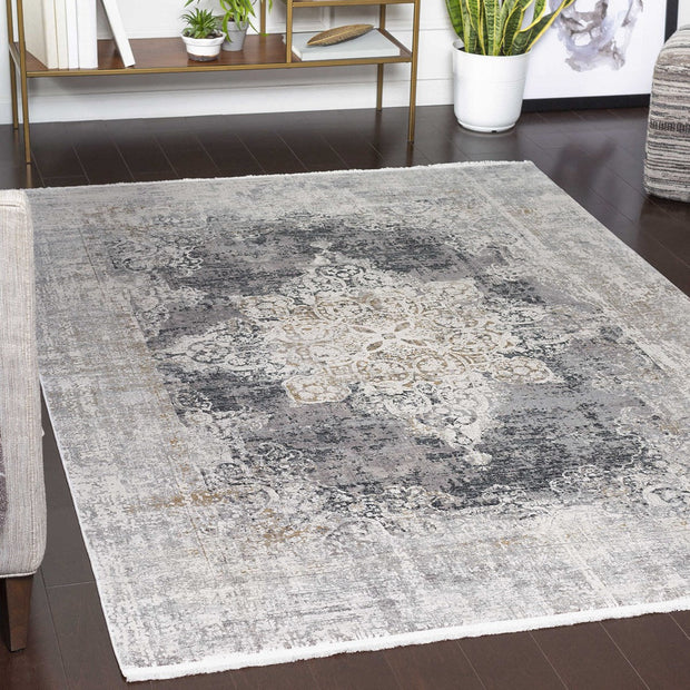 Uttermost Poneto White, Gray, Charcoal and Saffron Rug ~ 5' x 7'6"