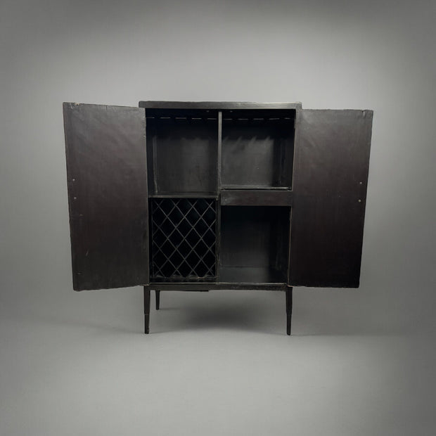 Casa Bonita Peruvian Hand-Painted Carved Wood Alma Wine Cabinet with Brown Leather Panels