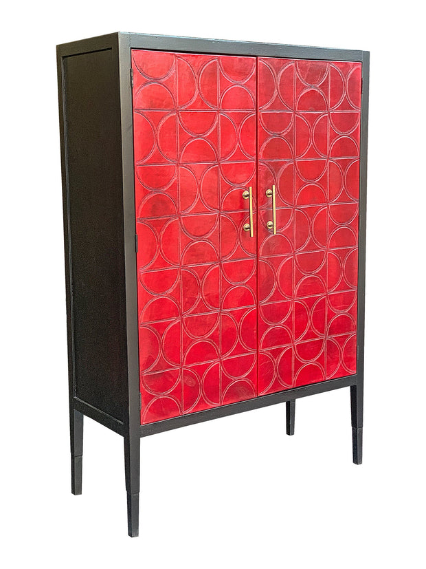 Casa Bonita Peruvian Hand-Painted Carved Wood Alma Wine Cabinet with Red Leather Panels