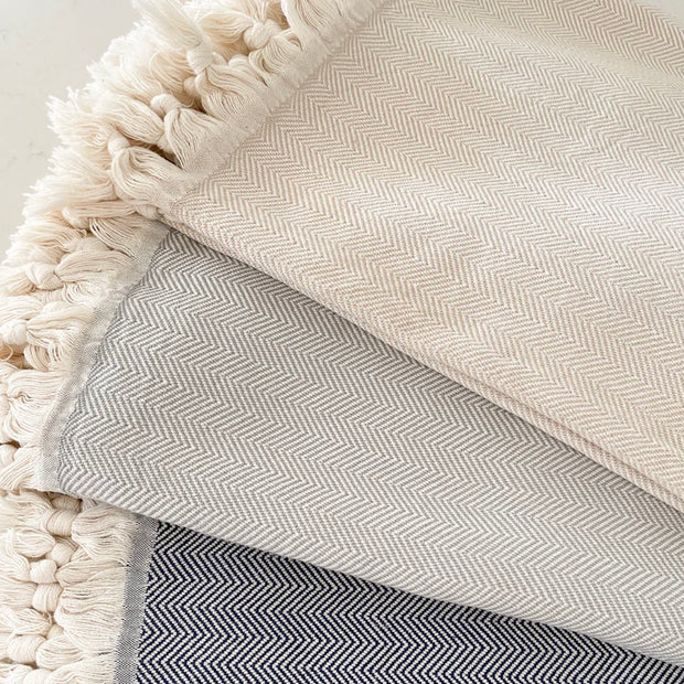 Anaya Home Beige Turkish Cotton Herringbone Throw With Tassels