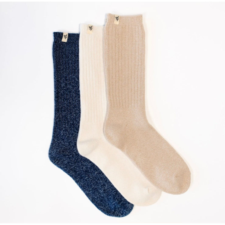 Cozy Earth The Plush Lounge Sock ~ Set of 3 Socks Midnight Sky, Creme and Almond