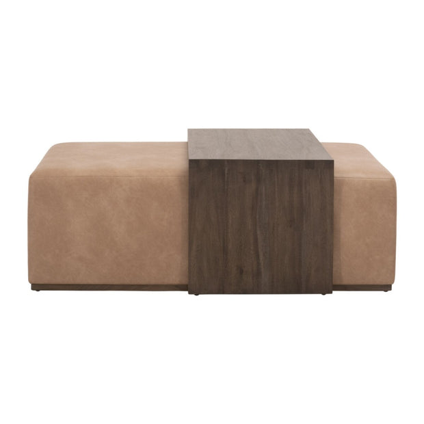 Essentials For Living Dovetail Upholstered Coffee Table ~ Ivanhoe Toast, Burnished Brown Acacia