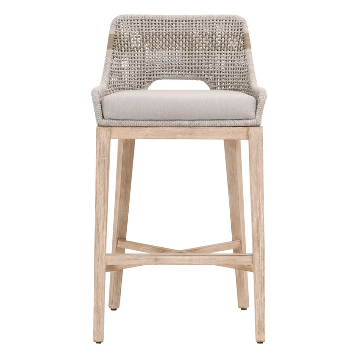 Essentials For Living Tapestry BarStool ~ Taupe & White Flat Rope, Taupe Stripe, Performance Pumice With Natural Gray Mahogany Frame