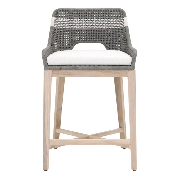 Essentials For Living Tapestry Outdoor Counter Stool ~ Dove Flat Rope, White Speckle Stripe, Performance White Speckle, Gray Teak