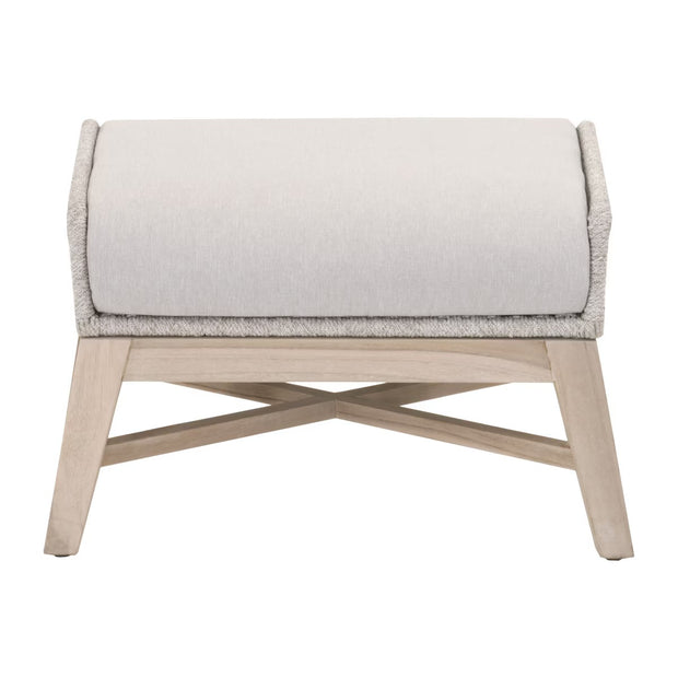 Essentials For Living Tapestry Outdoor Footstool ~ Taupe & White Flat Rope, Performance Pumice, Gray Teak