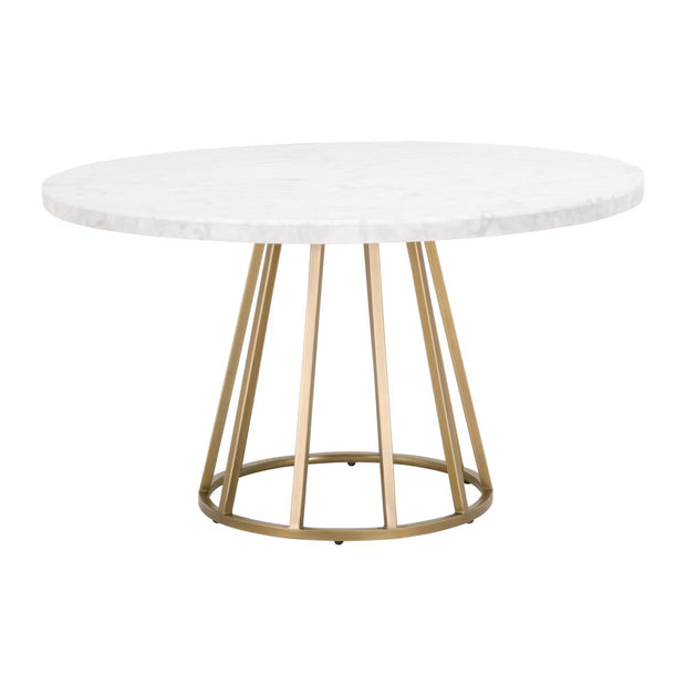 Essentials For Living Turino Round Dining Table ~ White Carrera Marble Top With Brushed Gold Base