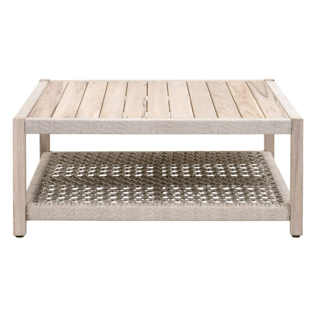 Essentials For Living Wrap Outdoor Square Coffee Table ~ Taupe & White Flat Rope, Gray Teak