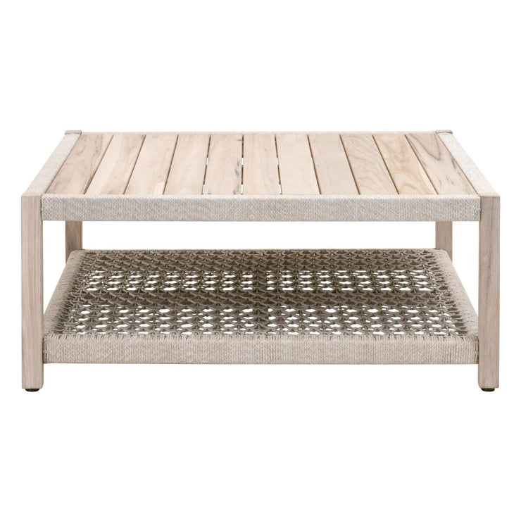 Essentials For Living Wrap Outdoor Square Coffee Table ~ Taupe & White Flat Rope, Gray Teak