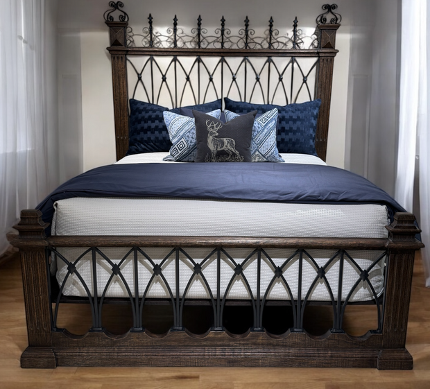 Casa Bonita Peruvian Hand-Painted Carved Wood and Hand Forged Iron Fortaleza King Size Bed