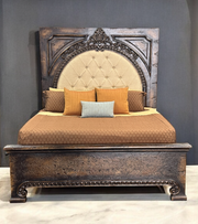 Casa Bonita Peruvian Hand-Painted Carved Wood and Tufted Linen Francesca King Size Bed