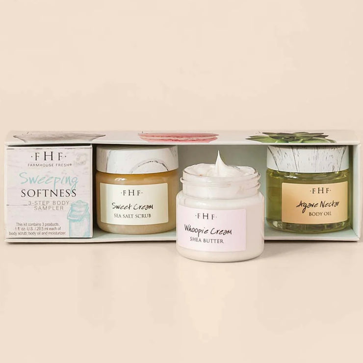 Farmhouse Fresh Sweeping Softness 3 Step Body Sampler Boxed Gift Set ~ Shea Butter Lotion, Agave Nector Oil and Sea Salt Scrub