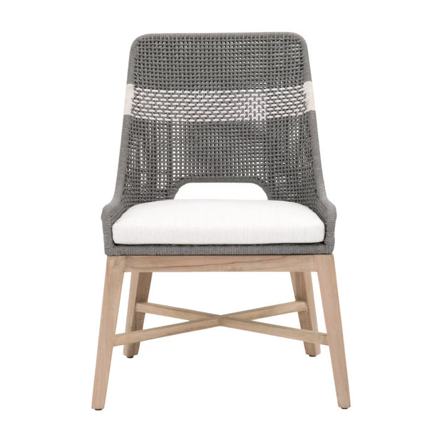 Essentials For Living Tapestry Outdoor Dining Chair ~ Dove Flat Rope, White Speckle Stripe, Performance White Speckle, Gray Teak