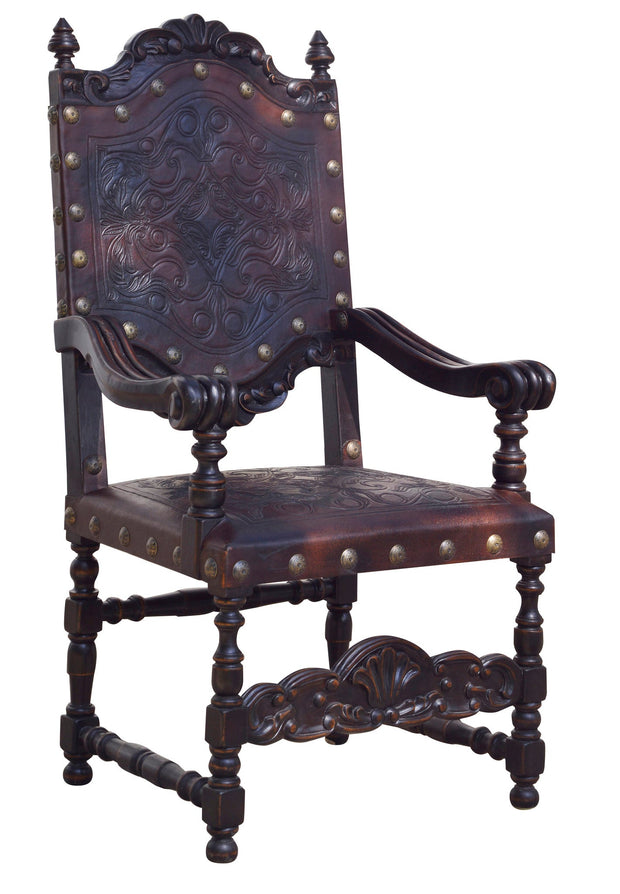 Casa Bonita Peruvian Hand-Painted Carved Wood Del Rey Hand Tooled Extra Leather Large Dining Arm Chair