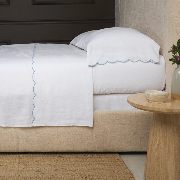 Pom Pom at Home Kelly White and French Blue Linen Scalloped Sheet Set ~ Available in Queen and King Sizes