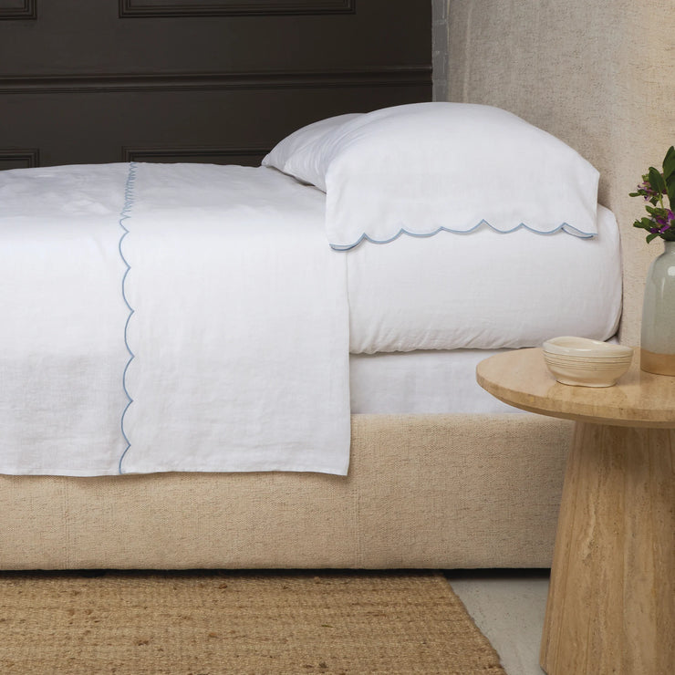 Pom Pom at Home Kelly White and French Blue Linen Scalloped Sheet Set ~ Available in Queen and King Sizes