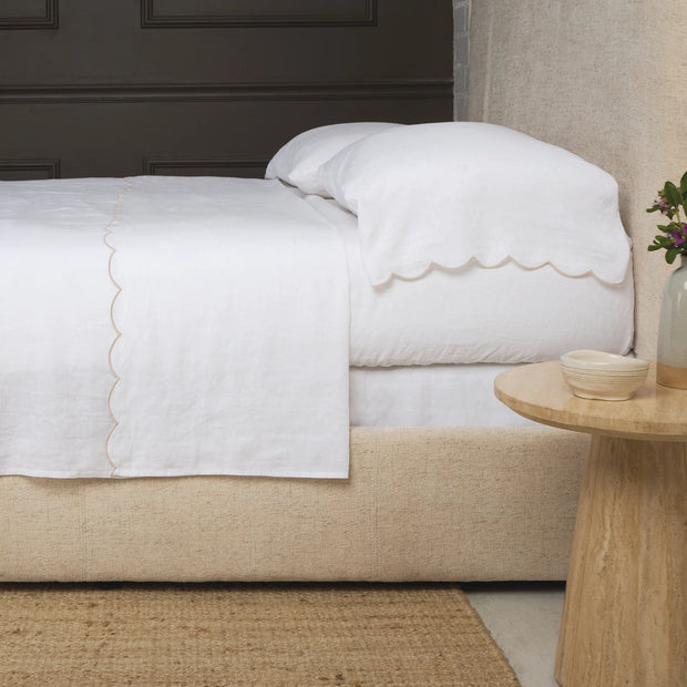 Pom Pom at Home Kelly White and Flax Linen Scalloped Sheet Set ~ Available in Queen and King Sizes