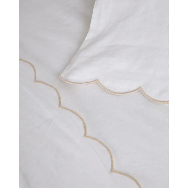 Pom Pom at Home Kelly White and Flax Linen Scalloped Sheet Set ~ Available in Queen and King Sizes