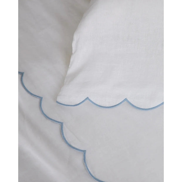 Pom Pom at Home Kelly White and French Blue Linen Scalloped Sheet Set ~ Available in Queen and King Sizes
