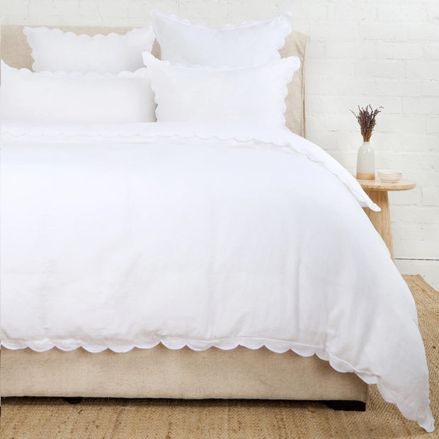 Pom Pom at Home Kelly White and Flax Linen Scalloped Duvet Cover & Pillow Shams ~ Available in Queen and King Sizes