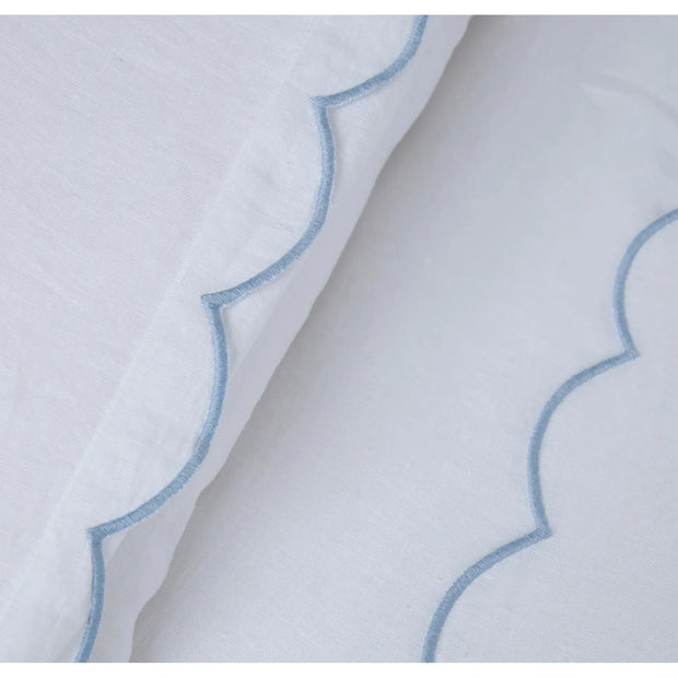 Pom Pom at Home Kelly White and French Blue Linen Scalloped Duvet Cover & Pillow Shams ~ Available in Queen and King Sizes