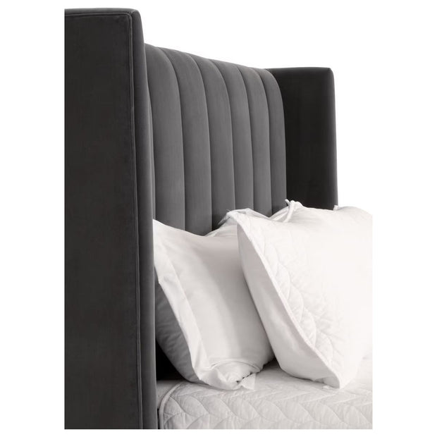 Essentials For Living Chandler Standard King Bed ~ Dark Dove Velvet Fabric With Natural Gray Oak
